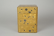 Portable Picnic Set (sagejū) with Chrysanthemums, Foliage Scroll, and Tokugawa Family Crest, Lacquered wood with gold, silver hiramaki-e, gold and silver foil application on nashiji lacquer ground, Japan