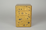Portable Picnic Set (sagejū) with Chrysanthemums, Foliage Scroll, and Tokugawa Family Crest, Lacquered wood with gold, silver hiramaki-e, gold and silver foil application on nashiji lacquer ground, Japan