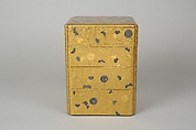 Portable Picnic Set (sagejū) with Chrysanthemums, Foliage Scroll, and Tokugawa Family Crest, Lacquered wood with gold, silver hiramaki-e, gold and silver foil application on nashiji lacquer ground, Japan