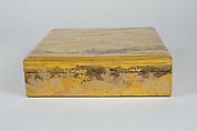 Box for Square Calligraphy Paper (shikishi-bako) with an Auspicious Landscape of Young Pines and Nandina Shrubs, Lacquered wood with gold, silver, red hiramaki-e, takamaki-e, cutout gold foil application on black and nashiji lacquer ground, Japan