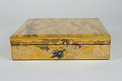 Box for Square Calligraphy Paper (shikishi-bako) with an Auspicious Landscape of Young Pines and Nandina Shrubs, Lacquered wood with gold, silver, red hiramaki-e, takamaki-e, cutout gold foil application on black and nashiji lacquer ground, Japan