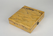 Box for Square Calligraphy Paper (shikishi-bako) with an Auspicious Landscape of Young Pines and Nandina Shrubs, Lacquered wood with gold, silver, red hiramaki-e, takamaki-e, cutout gold foil application on black and nashiji lacquer ground, Japan