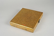 Box for Square Calligraphy Paper (shikishi-bako) with an Auspicious Landscape of Young Pines and Nandina Shrubs, Lacquered wood with gold, silver, red hiramaki-e, takamaki-e, cutout gold foil application on black and nashiji lacquer ground, Japan