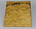 Box for Square Calligraphy Paper (shikishi-bako) with an Auspicious Landscape of Young Pines and Nandina Shrubs, Lacquered wood with gold, silver, red hiramaki-e, takamaki-e, cutout gold foil application on black and nashiji lacquer ground, Japan
