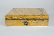 Box for Square Calligraphy Paper (shikishi-bako) with an Auspicious Landscape of Young Pines and Nandina Shrubs, Lacquered wood with gold, silver, red hiramaki-e, takamaki-e, cutout gold foil application on black and nashiji lacquer ground, Japan