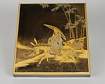 Writing Box (Suzuribako) with Chinese Poet Su Dongpo and Attendant, Lacquered wood with gold, silver, and red togidashimaki-e, Japan