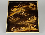 Writing Box (Suzuribako) with Chinese Poet Su Dongpo and Attendant, Lacquered wood with gold, silver, and red togidashimaki-e, Japan
