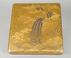 Writing Box (suzuribako) with Waterfall and Auspicious Characters, Lacquered wood with gold and silver takamaki-e, hiramaki-e, togidashimaki-e, and gold inlay on nashiji ground, Japan
