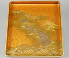 Writing Box (suzuribako) with Waterfall and Auspicious Characters, Lacquered wood with gold and silver takamaki-e, hiramaki-e, togidashimaki-e, and gold inlay on nashiji ground, Japan