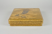 Writing Box (suzuribako) with Waterfall and Auspicious Characters, Lacquered wood with gold and silver takamaki-e, hiramaki-e, togidashimaki-e, and gold inlay on nashiji ground, Japan