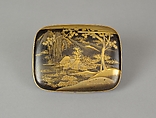 Scene from A Boat upon the Waters, a Chapter from "The Tale of Genji", Gold makie (sprinkled) design on black lacquer, Japan