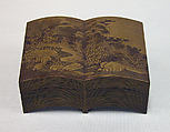Box in the Shape of an Open Illustrated Book, Lacquer on wood with powdered gold, Japan