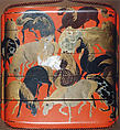 Inrō with One Hundred Horses, Four cases; lacquered wood with gold and silver hiramaki-e, black lacquer, gold and silver foil application, and mother-of-pearl inlay on red ground, Japan