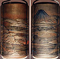 Case (Inrō) with Design of Mount Fuji seen above Rice Fields (obverse);  Pines and Cloud Bands in Autumn (reverse), Lacquer, kinji, gold, silver, and brown hiramakie, takamakie, kirigane and nashiji; Interior: nashiji and fundame, Japan