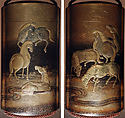 Inrō with Seven Horses by a River, Five cases; lacquered wood with gold and silver togidashimaki-e, hiramaki-e, gold and silver foil application on black groundNetsuke: man in a bamboo grove; carved woodOjime: ivory bead, Japan