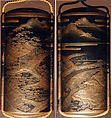 Case (Inrō) with Design of Thatched Farm Buildings in Fields and Mountain Landscape with Cloud Bands, Lacquer, roiro, gold and silver hiramakie, nashiji and kirigane; Interior: nashiji and fundame, Japan