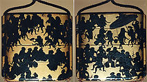 Case (Inrō) with Design of Monkeys' Festival, Maki-e with black on gold lacquerOjime: lacquered wood in the shape of a chestnutNetsuke: carved ivory with a sleeping man and a monkey , Japan