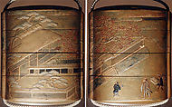 Case (Inrō) with Design of Persons Outside Building and Wall (obverse); With Flowering Cherry Trees (reverse), Lacquer, kinji, gold and colored hiramakie, takamakie and kirigane; Interior: nashiji and fundame, Japan