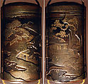 Case (Inrō) with Design of Thatched Buildings Beside River Landscape, Lacquer, roiro, hirame, gold and silver hiramakie, takamakie and kirigane; Interior: nashiji and fundame, Japan