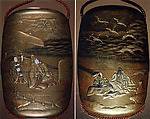Case (Inrō) with Design of Minamoto no Yoritomo and Courtiers Watching Released Cranes Fly Away at Akanumagahara, Gold and silver maki-e with gold lacquer <br/><br/>Ojime: Stone in the shape of a melon, 19th century <br/>Bequest of Stephen Whitney Phoenix, 1881 <br/>81.1.424.85 <br/><br/>Netsuke: Ivory in the shape of a deer, 19th century <br/>Gift of Mrs. Russell Sage, 1910 <br/>10.211.510, Japan