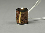 Ojime, Bamboo and sparrows; bronze with gold inlay, Japan