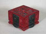 Box with Landscape Scenes and Auspicious Emblems, Carved red, green, and black lacquer, China