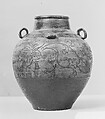 Jar, Clay covered with a transparent glaze with streaks on the upper half, a thin brown glaze on the lower half; incised decorations (Karatsu ware), Japan