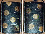 Metal Inrō with Flower Medallions, Inrō: four cases; mokume-gane (wood grain) mixed-metal laminate with gold and silver hiramaki-e; ojime: cloisonné bead with shippō pattern; netsuke: kagamibuta-type with chrysanthemums and butterfly; various metals, Japan
