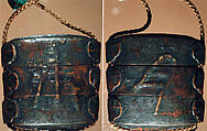 Case (Inrō) with Design of a Stylized Archaic Character in Relief, Lacquer, copper metal with dark patina, embossed relief, applied cord runners; Interior: black lacquer and metal, Japan