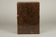 Box, Lacquered wood with gold and silver hiramaki-e, mother-of-pearl inlay on black lacquer ground; leather strap with metal fittings, Japan