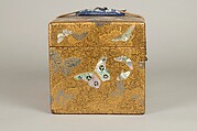 Box, Lacquered wood with gold and silver hiramaki-e, mother-of-pearl inlay on black lacquer ground; leather strap with metal fittings, Japan