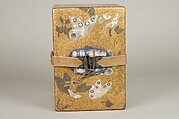 Box, Lacquered wood with gold and silver hiramaki-e, mother-of-pearl inlay on black lacquer ground; leather strap with metal fittings, Japan