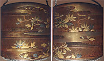 Case (Inrō) with Design of Clematis Vine on Bamboo Lattice, Gion Nankai (Japanese, 1677–1751), Lacquer sprinkled with gold and silver makie, and foil; Ojima: floral scrolls in openwork; silver and silver wire; Netsuke: chrysanthemum medallion; ivory, Japan