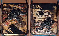 Case (Inrō) with Design of Bishamon (or Idaten) Pursuing an Onî (Demon) on Clouds, Lacquer, roiro, rubbed fundame, gold and silver  hiramakie, applied metal; Interior: nashiji and fundame, Japan