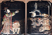 Case (Inrō) with Design of Chinese Woman at Court Feeding a Parrot, Roiro (waxen) lacquer decorated with incised gold and metal, ceramic, ivory, and coral inlay, Japan