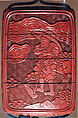 Case (Inrō) with Design of Elephant on Brocade Pattern (obverse); Person with Wide Hat and Hoe (reverse), Lacquer, carved tsuishu; Interior: roiro, Japan