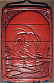 Case (Inrō) with Design of Elephant on Brocade Pattern (obverse); Person with Wide Hat and Hoe (reverse), Lacquer, carved tsuishu; Interior: roiro, Japan