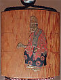 Case (Inrō) with Design of Noh Dancer with Okina Mask (obverse); Noh Dancer with Fan (reverse), Light brown wood, gold and colored takamakie, aogai; Interior: plain, Japan