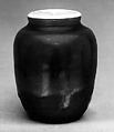 Tea Jar, Clay with covering of salt glaze type and a glaze streaked with black; left-handed itogiri (Seto ware), Japan