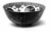 Bowl, White porcelain, the outside dipped blue under the glaze covered with design painted in gold; the inside decorated in blue under the glaze, enamel, Japan