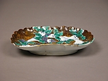 Dish with Design of Radishes, Porcelain with underglaze blue, yellow-brown glaze, and overglaze enamels (Hizen ware, Nabeshima type), Japan