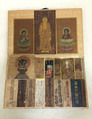 Pilgrim's Visiting Album, One from a set of four albums; calligraphy on gilt paper and paper, paintings in ink, color, and gold on paper, mounted on paper, covers of silk embroidery with colored and metallic thread, Japan