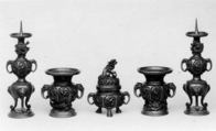 Three Votive Implements: Incense Burner, Candlestick, and Vase, Bronze, Japan