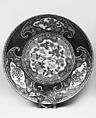 Large Dish, White porcelain with elaborate silver design to cover a repair; decorated on both sides with blue under the glaze, polychrome enamels and gold (Arita ware), Japan