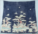 Panel, Indigo blue dyed cotton ground with cranes, tortoises, pines and bamboo reserved in white and painted in dyes, Japan