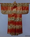Noh Robe (Karaori) with Pattern of Bamboo and Young Pines on Bands of Red and White, Silk twill weave with resist-dyed warps and supplementary weft patterning (karaori), Japan