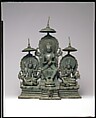 Enthroned Buddha Attended by the Bodhisattvas Avalokiteshvara and Vajrapani, Bronze, Indonesia (Java)