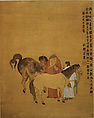 Grooms and Foreign Horses, After Jin Nong (Chinese, 1687–1773), Hanging scroll; ink and color on silk, China