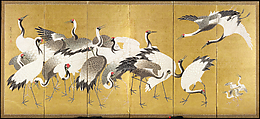 Flock of Cranes, Ishida Yūtei (Japanese, 1721–1786), Pair of six-panel folding screens; ink, color, and gold on gilt paper, Japan