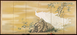 White Peafowl, Mochizuki Gyokkei (Japanese, 1874–1939), Pair of six-panel folding screens; ink, color, gold, and gold-leaf dust on silk, Japan